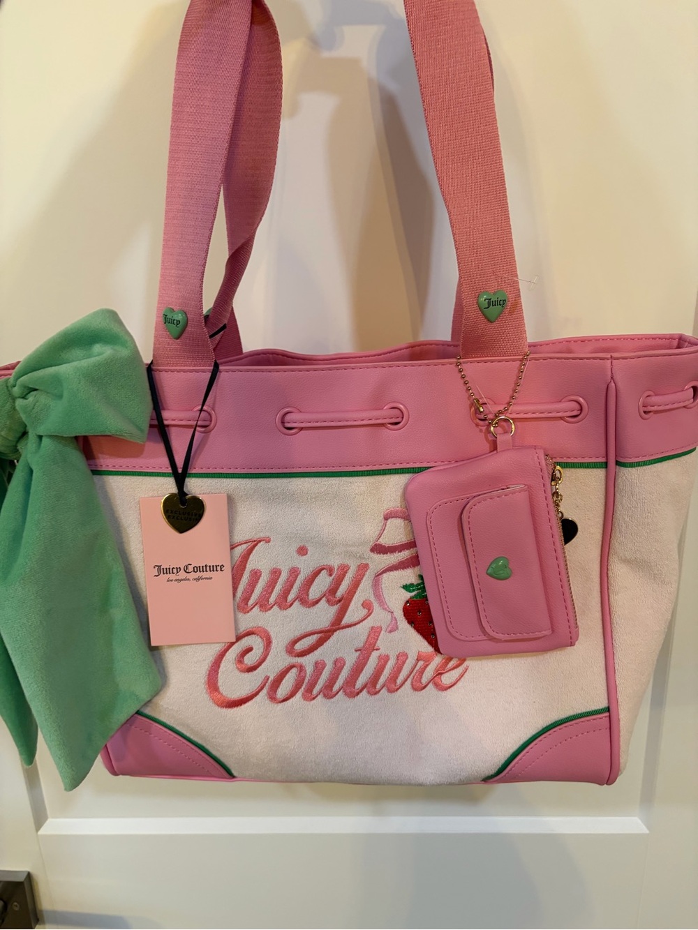 Juicy Couture Daydreamer Pink & White Tote Bag with Green Accent
